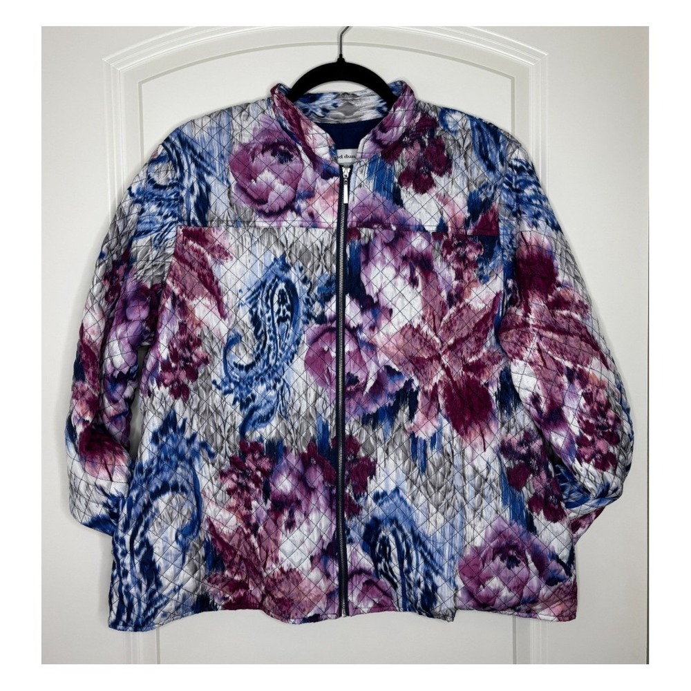 Alfred Dunner Mock Neck Quilted Floral Paisley Zip Up Jacket Purple Blue 16P